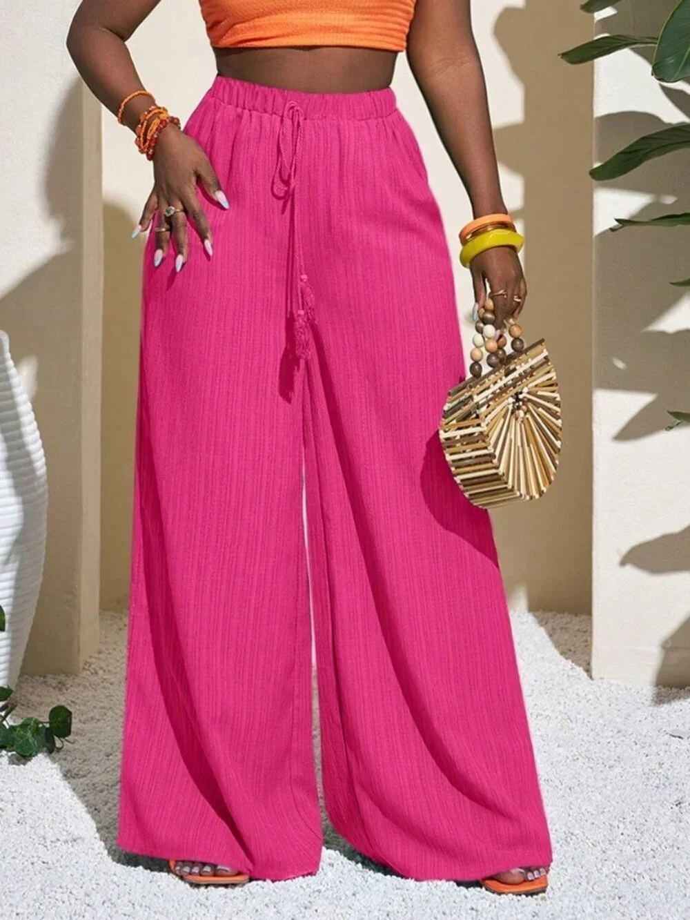 Hot Pink Casual Women's Full-Length Geometric Pattern Palazzo Pants